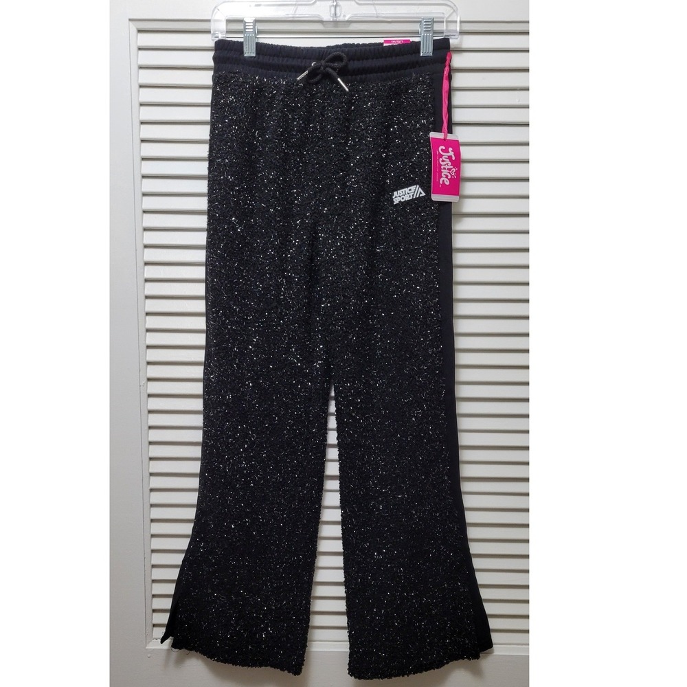Sparkle Justice Sport Girls Black Curly Wide Leg Pants Shimmer Size L 12/14 NWT